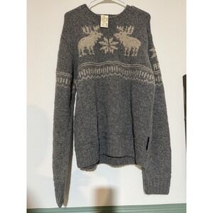 ABERCROMBIE Handknit Sweater XL Wool Fair Isle Moose Gray Elk Snowflake Pilling